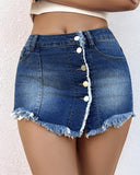 Button Front Pocket Design Denim Skirt Casual Asymmetrical Tassel Decor Split Skirt