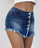 Button Front Pocket Design Denim Skirt Casual Asymmetrical Tassel Decor Split Skirt