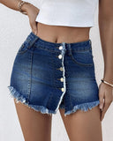 Button Front Pocket Design Denim Skirt Casual Asymmetrical Tassel Decor Split Skirt