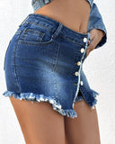 Button Front Pocket Design Denim Skirt Casual Asymmetrical Tassel Decor Split Skirt