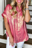 Rose Red Plus Size Metallic Sheen Short Sleeve Button Up Shirt