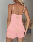 2 Piece Geometric Embroidery Spaghetti Strap Tassel Design Square Neck Top Casual Shorts Set