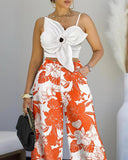 2 Pieces Outfit 3D Flower Decor Asymmetrical Neck Spaghetti Strap Top and Casual Floral Print Wide Leg Pants Set