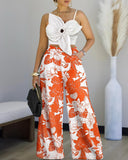 2 Pieces Outfit 3D Flower Decor Asymmetrical Neck Spaghetti Strap Top and Casual Floral Print Wide Leg Pants Set