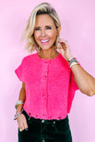 Bright Pink Distressed Hem Short Sleeve Knitted Button Front Sweater