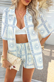 Sky Blue Vacation Printed Loose Shirt and Drawstring Shorts Set