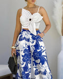 2 Pieces Outfit 3D Flower Decor Asymmetrical Neck Spaghetti Strap Top and Casual Floral Print Wide Leg Pants Set