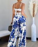 2 Pieces Outfit 3D Flower Decor Asymmetrical Neck Spaghetti Strap Top and Casual Floral Print Wide Leg Pants Set