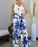 2 Pieces Outfit 3D Flower Decor Asymmetrical Neck Spaghetti Strap Top and Casual Floral Print Wide Leg Pants Set