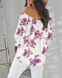 Floral Print Off Shoulder Eyelet Embroidery Blouse Three Quarter Sleeve Tied Detail Top