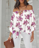 Floral Print Off Shoulder Eyelet Embroidery Blouse Three Quarter Sleeve Tied Detail Top