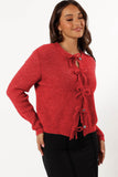 Fiery Red Ribbed Knit Bow Front Buttoned Cardigan