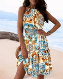 Tie Dye Print Sleeveless Halter A Line Backless Shirred Ruffles Hem Mini Dress Vacation Dress