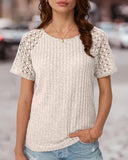 Contrast Lace Round Neck Short Sleeve T Shirt Casual Knit Business Top