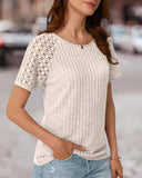 Contrast Lace Round Neck Short Sleeve T Shirt Casual Knit Business Top