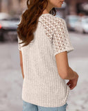 Contrast Lace Round Neck Short Sleeve T Shirt Casual Knit Business Top
