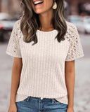 Contrast Lace Round Neck Short Sleeve T Shirt Casual Knit Business Top