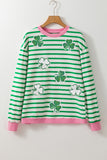 Bright Green Striped Sequin Clover Graphic Colorblock Long Sleeve St Patrick Top