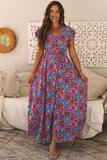 Blue Floral Print V Neck Wrap Split Maxi Dress