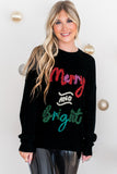 Black Tinsel Merry and Bright Graphic Christmas Sweater