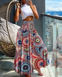 Coconut Tree Print Shirred Wide Leg Pants