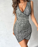 Glitter Lurex V Neck Thick Strap Allover Sequin Ruched Bodycon Party Mini Dress