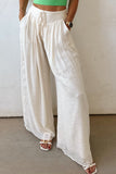 White Casual Tie Waist Pleated Wide Leg Pants