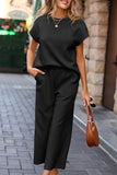 Black Solid Color Textured Short Sleeve Top and Casual Pants Set