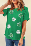 Bright Green St Patricks Sequined Clover Pattern T Shirt