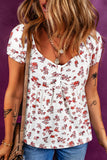 White Boho Floral Ruched Cinched Short Sleeve Blouse