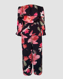 2 Pieces Outfit Floral Print Off Shoulder Bell Sleeve Ruffles Top and Casual Elastic Back Waist Wide Leg Pants Set