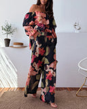 2 Pieces Outfit Floral Print Off Shoulder Bell Sleeve Ruffles Top and Casual Elastic Back Waist Wide Leg Pants Set