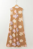 Khaki Floral Print Sleeveless Button up Wide Leg Loose Jumpsuit