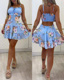 Floral Print Cold Shoulder Spaghetti Strap Skirt Ruched Shirred Hollow out Skirt