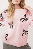 Light Pink Bow Pattern Knitted Loose Fit Sweater