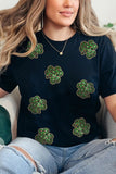 Black Sequin Leopard Clover Graphic Crewneck St Patrick Tee