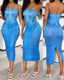 Denim Look Print Bandeau Bodycon Dress