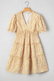 Yellow Floral Short Sleeve V Neck Frilly Tiered Mini Dress