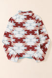 Fiery Red Western Aztec Buttoned Zipper Pockets Fleece Jacket