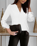 V Neck Roll Tab Sleeve Eyelet Embroidery Shirt Top