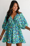 Green Abstract Print Puff Sleeve V Neck High Waist Romper