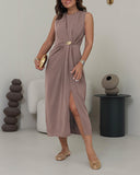 Sleeveless Round Neck Waist Metal Decor Ruched Dress Casual Slit Straight Midi Dress