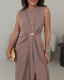 Sleeveless Round Neck Waist Metal Decor Ruched Dress Casual Slit Straight Midi Dress