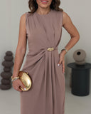 Sleeveless Round Neck Waist Metal Decor Ruched Dress Casual Slit Straight Midi Dress