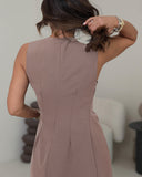 Sleeveless Round Neck Waist Metal Decor Ruched Dress Casual Slit Straight Midi Dress
