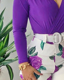 Plain Wrap Top & Floral Print Shorts Set