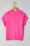 Bright Pink Distressed Hem Short Sleeve Knitted Button Front Sweater