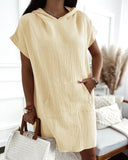 Hooded Short Sleeve Pocket Design Mini Dress Casual Loose Fit Dress