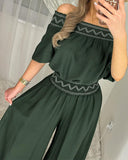 Tribal Pattern Off Shoulder Half Sleeve Top Shirred Wide Leg Pants Vacation Pants Set