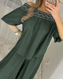 Tribal Pattern Off Shoulder Half Sleeve Top Shirred Wide Leg Pants Vacation Pants Set